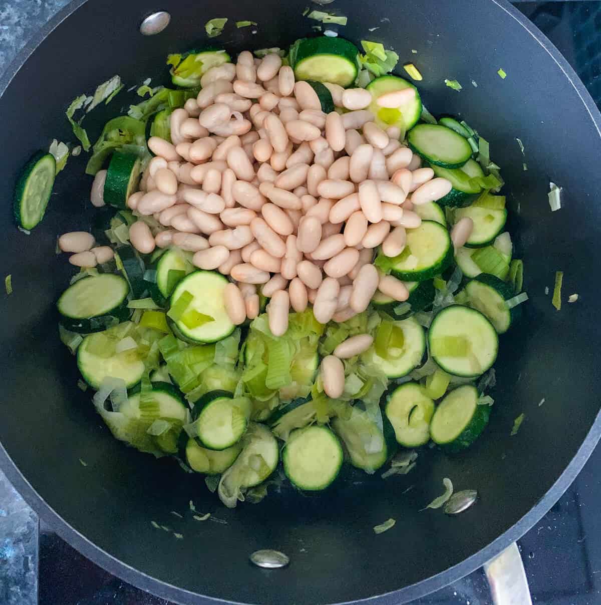 Zucchini Leek Soup being cooked in a pot