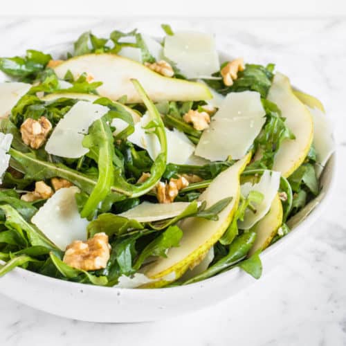 Rocket, Pear and Parmesan Salad close up shot