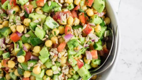 Chickpea avocado salad served in a bowl