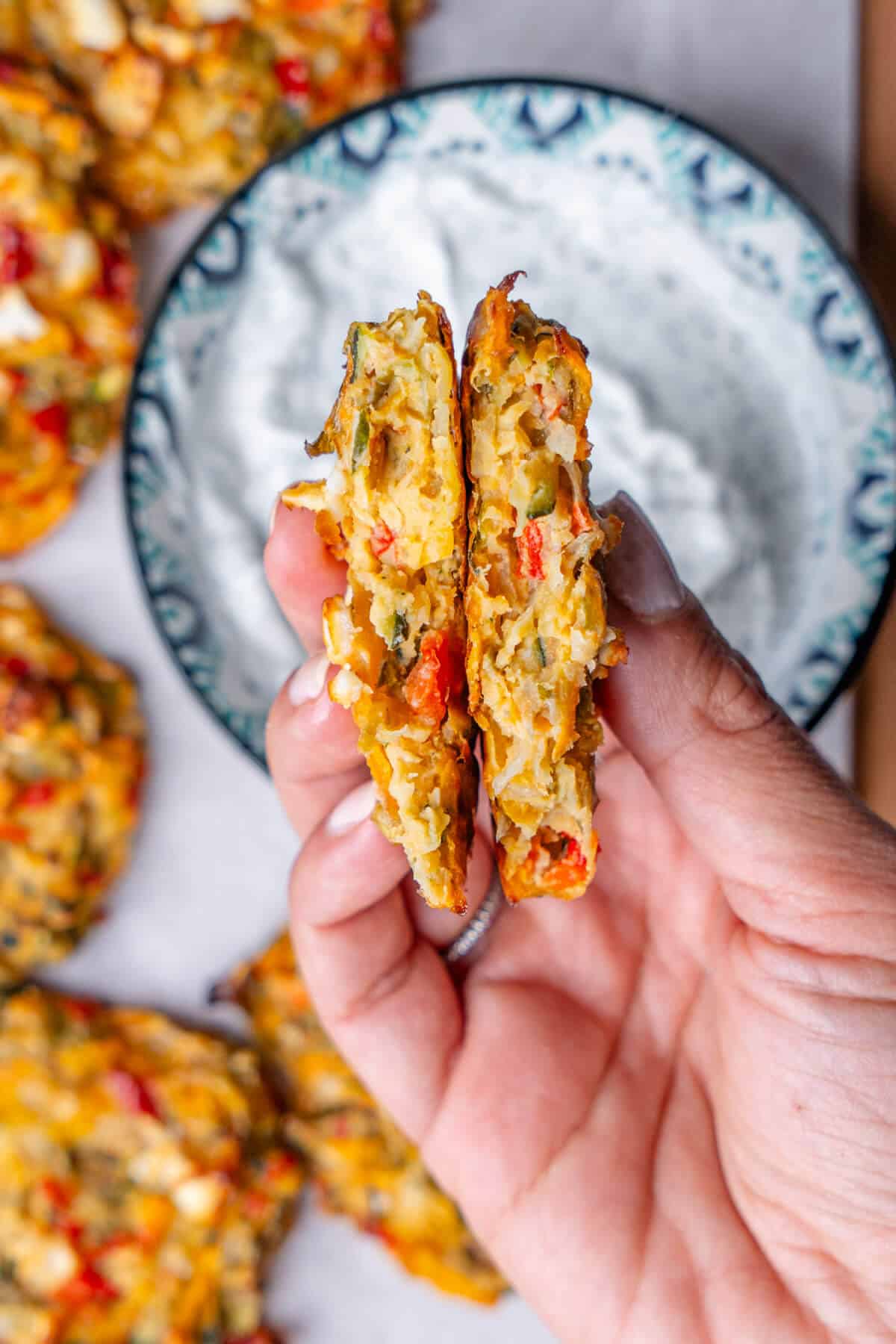 vegetable fritter ripped in half to show the inside