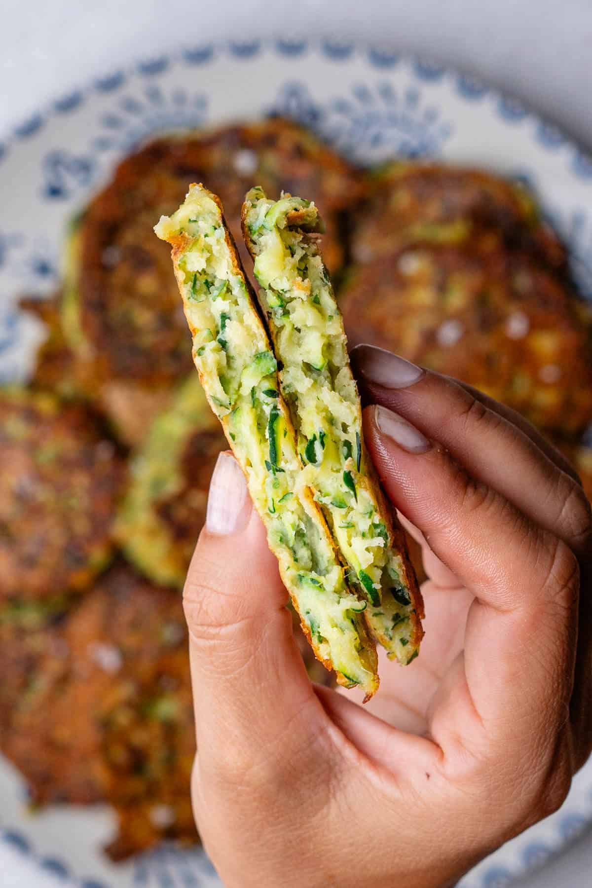 A look of the inside of a zucchini fritter