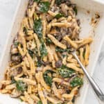 Baked Feta Pasta with Mushrooms and a large spoon