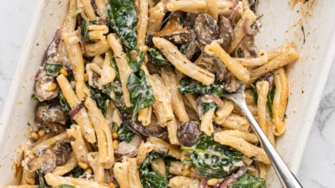 Baked Feta Pasta with Mushrooms and a large spoon