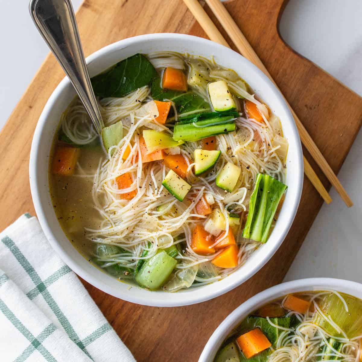 Vegetable noodle soup served in a bowl