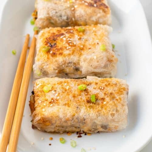 Rice paper dumplings topped with shallots and sesame seeds