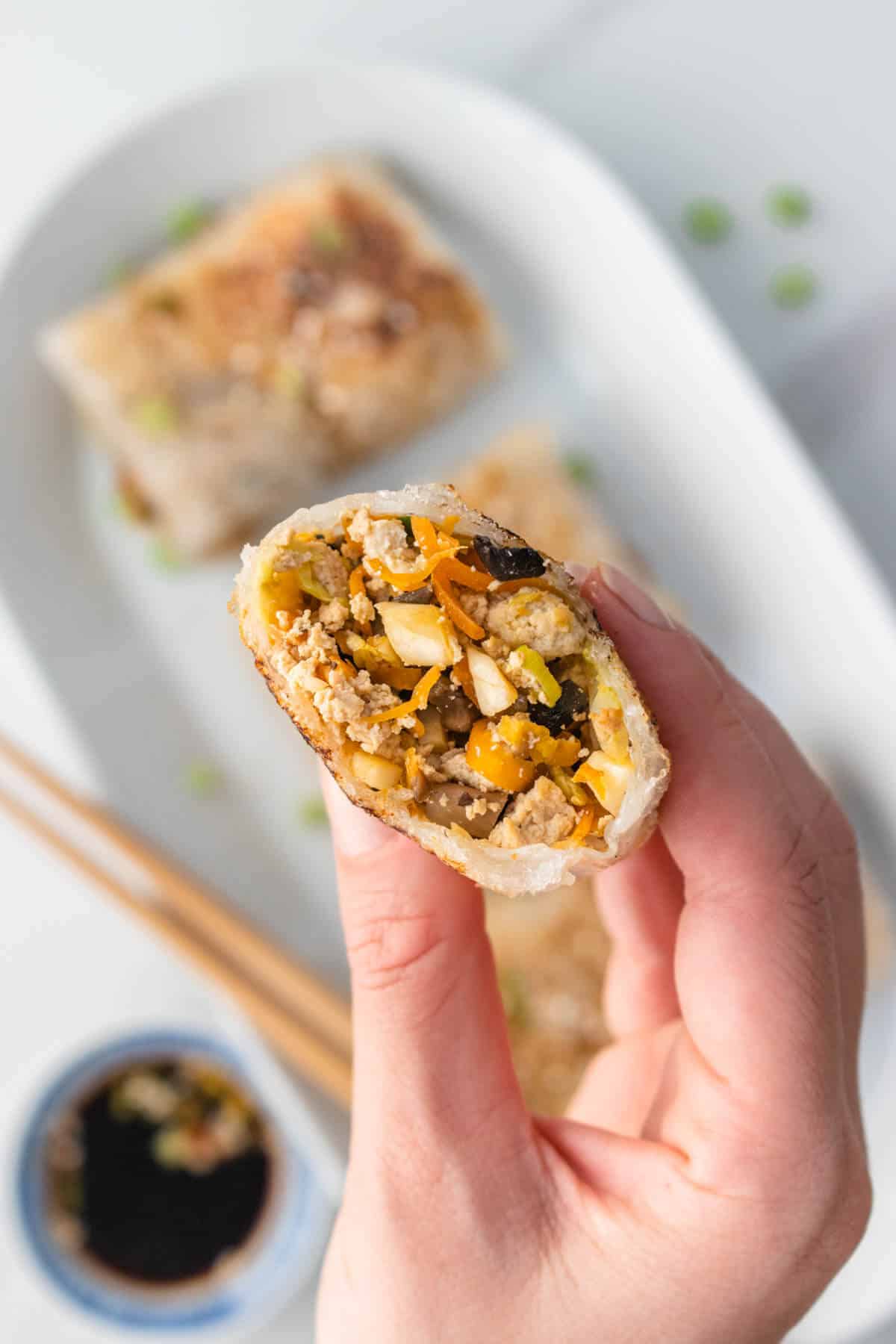 Inside shot of rice paper dumpling filling