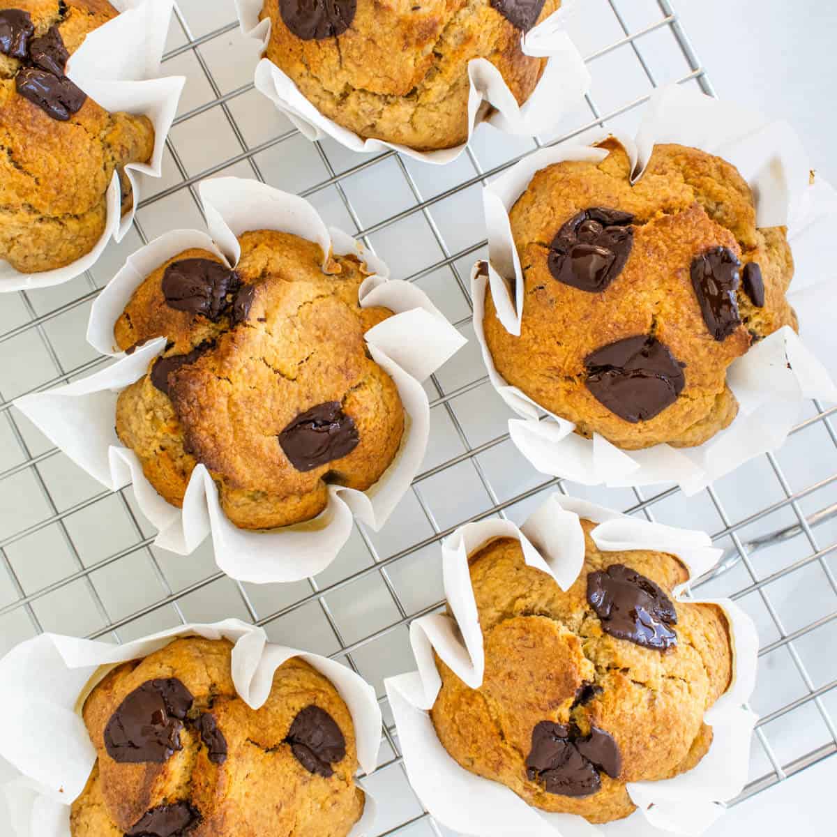 Healthy banana chocolate chip muffins resting on a cooling rack