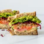 Side shot of Vegan sandwich cut in half