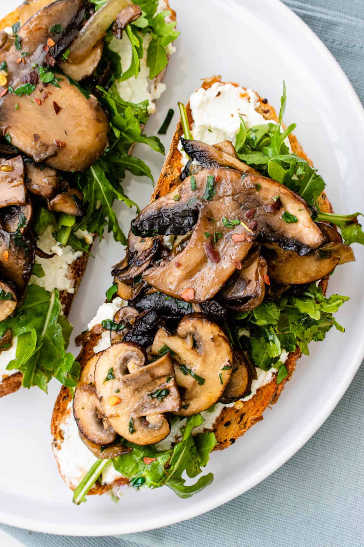 Close up of creamy mushroom toasts served on a plate