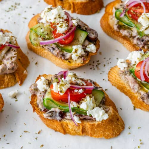 Greek Bruschetta with greek salad with baked crostini bread