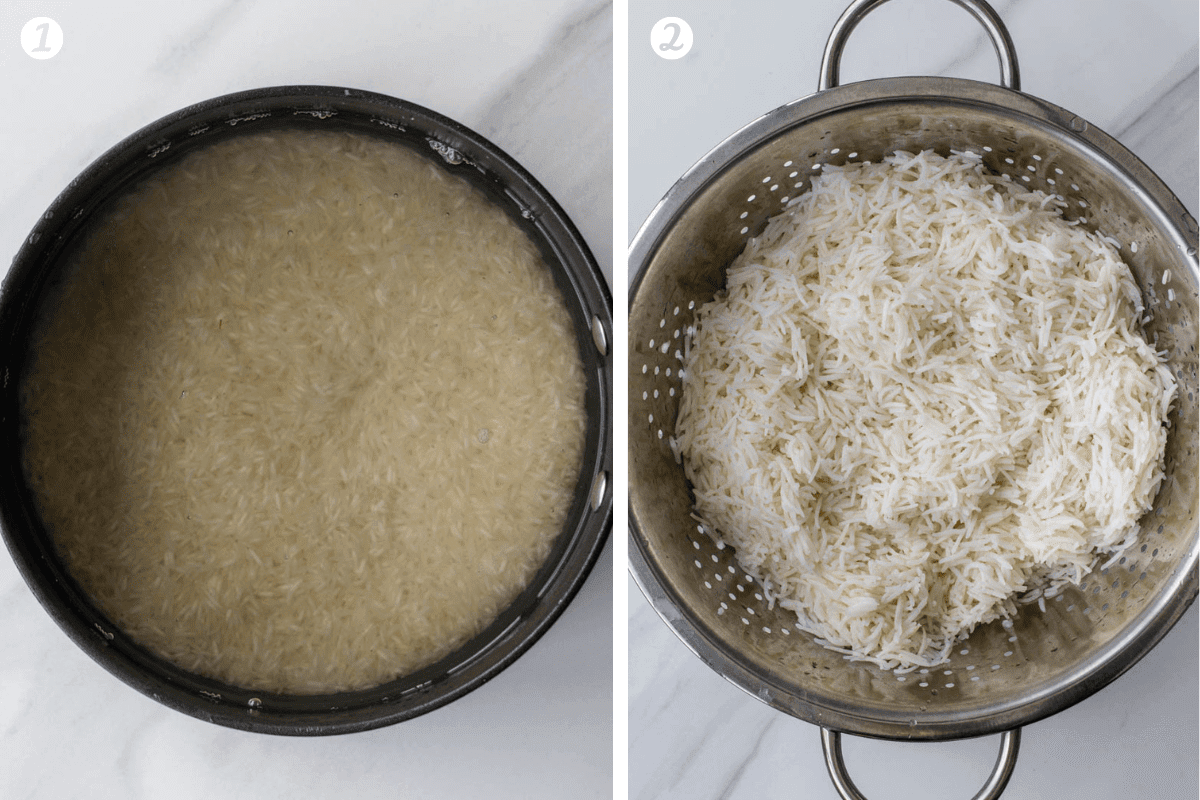 Steps to show washed rice then par boiled rice in a colander