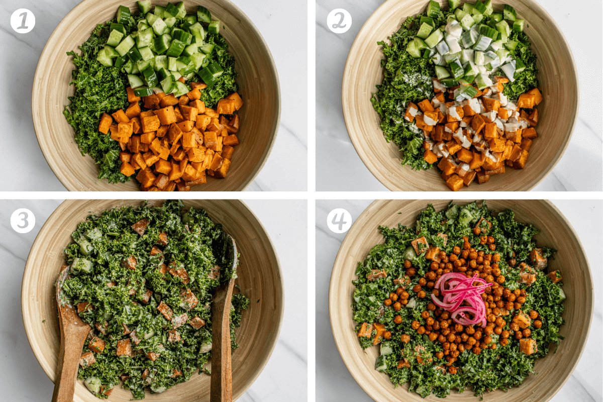 Steps to show how to assemble the tahini kale salad with crispy chickpeas