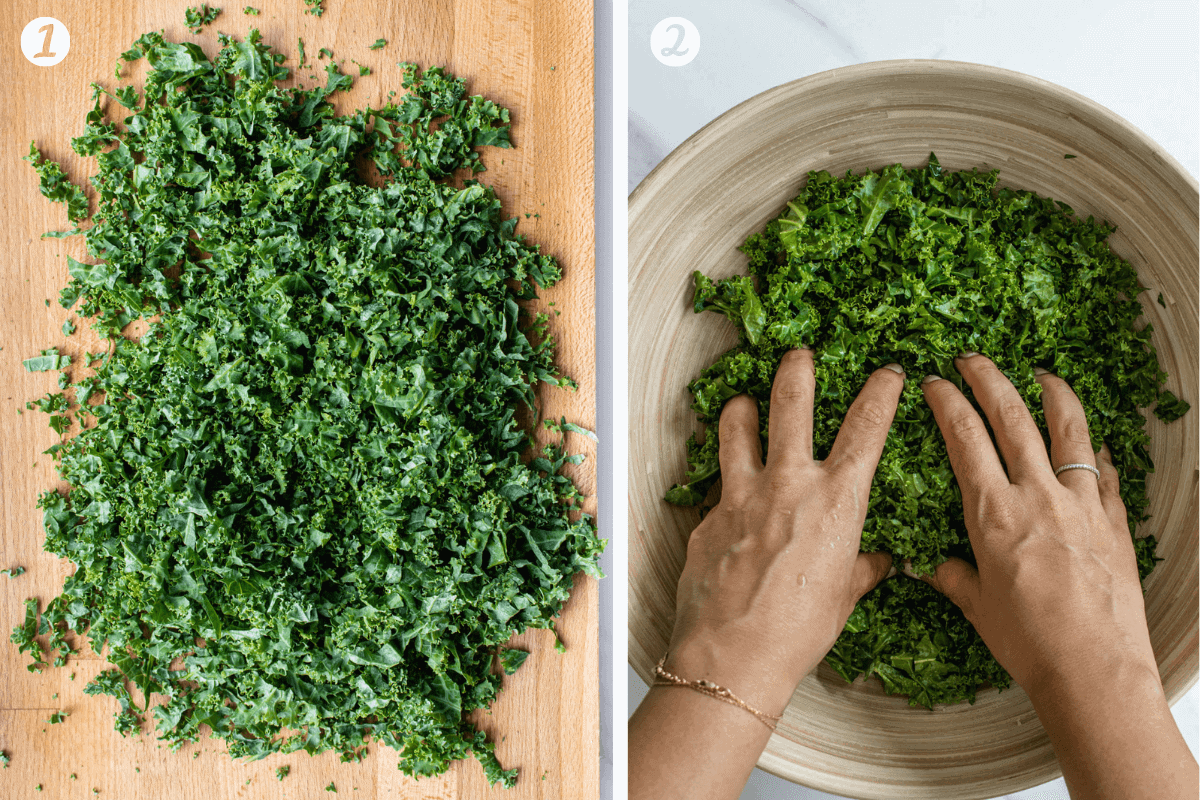 Steps to show kale chopped and kale massaged with oil
