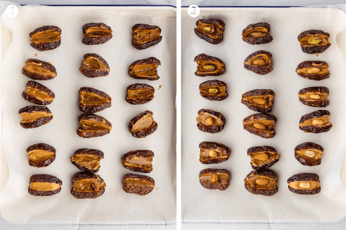 Dates on a tray to show nut butter filling and nut placed inside