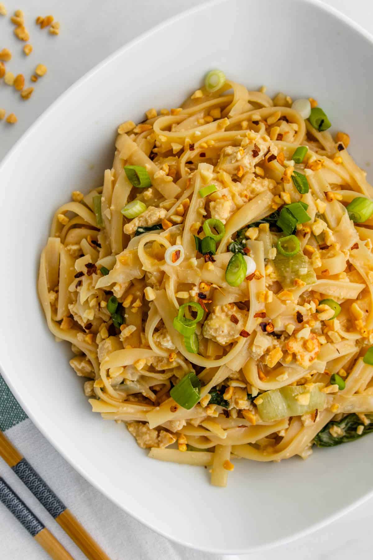 Chili Pan Mee with Homemade Noodles and Tofu Crumbles