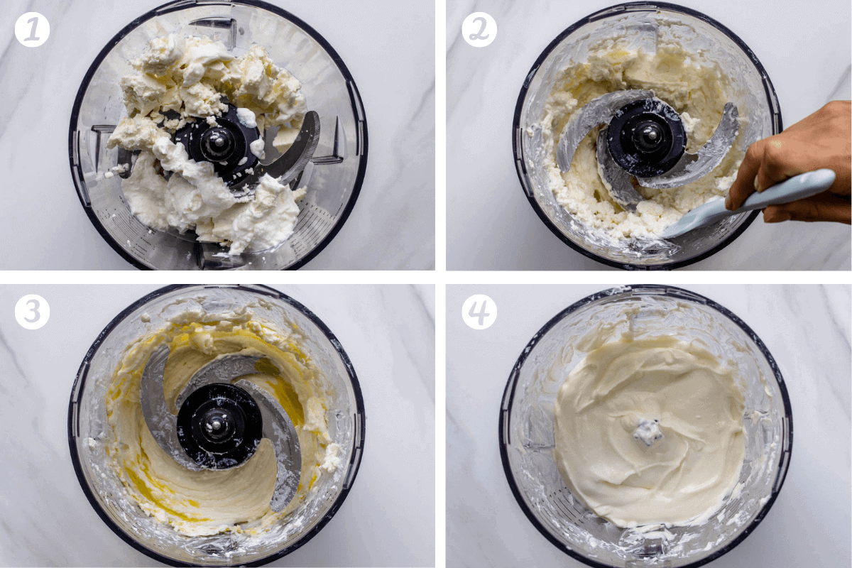 Steps to show how to make the whipped feta dip in the food processor