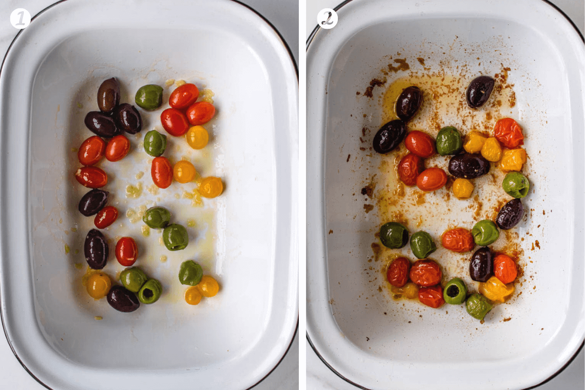 Steps to show how to roast cherry tomatoes and olives