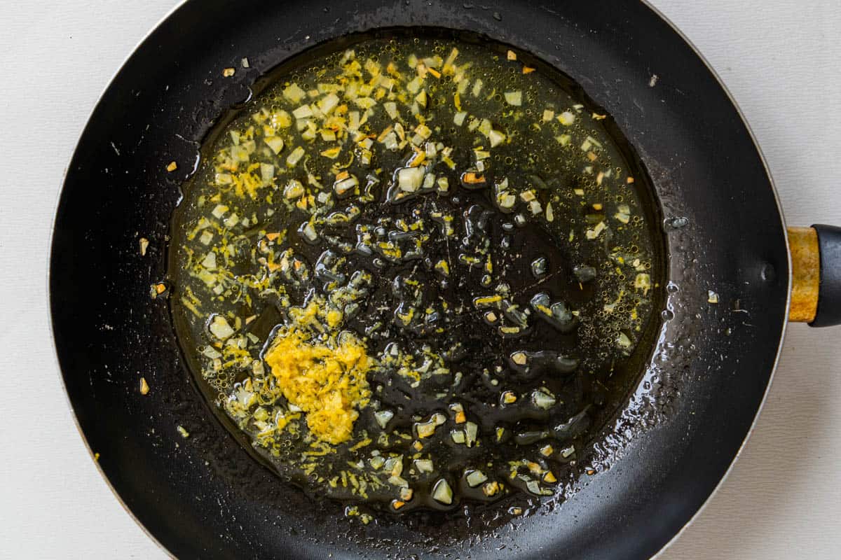 Lemon juice and zest added to fry pan