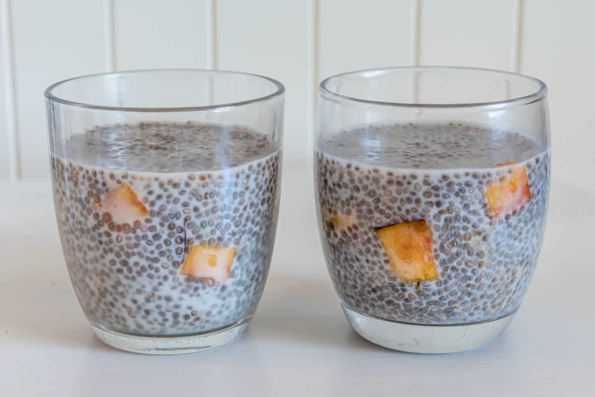 Peach chia pudding after being set in the fridge