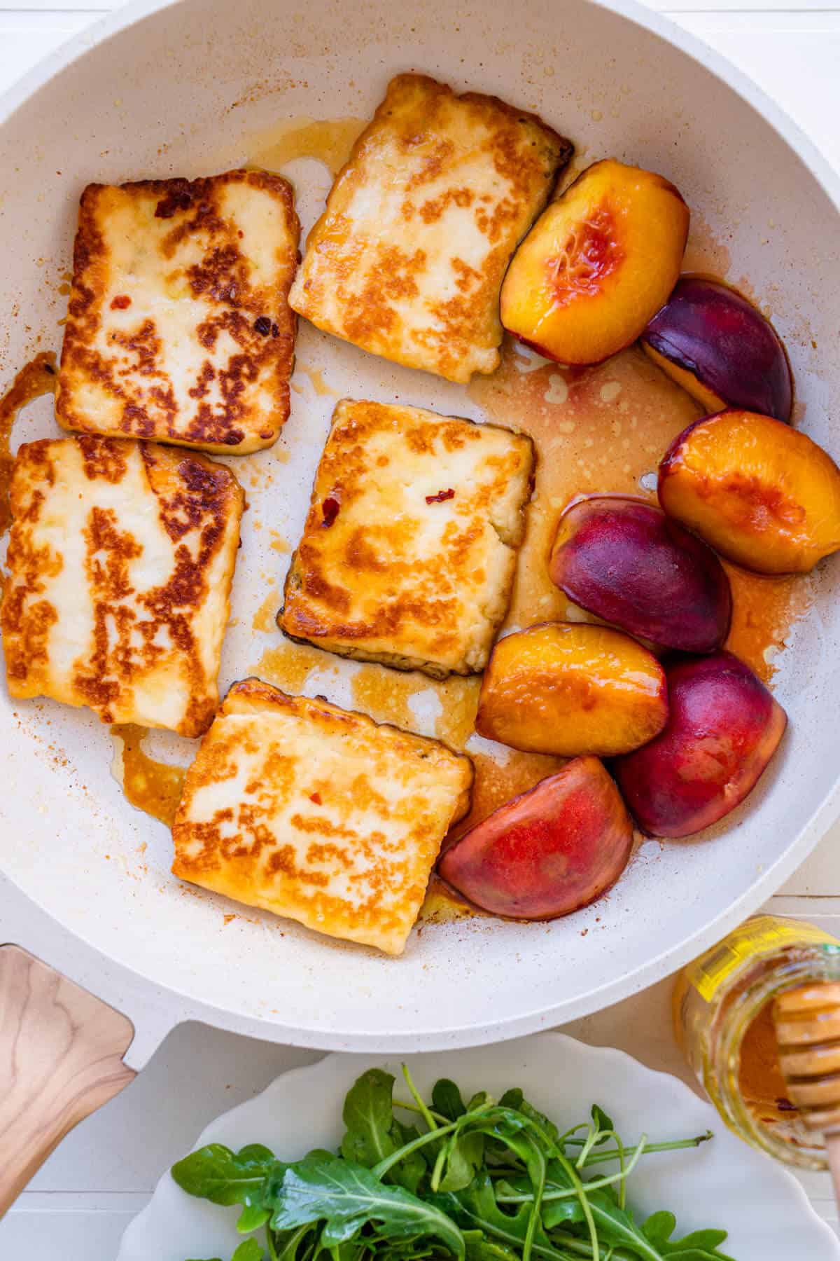 Pan Fried Halloumi with peaches and hot honey