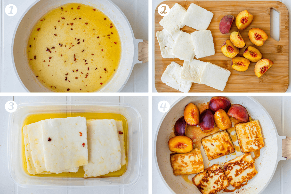 Steps on how to make Fried Halloumi with hot honey and peaches