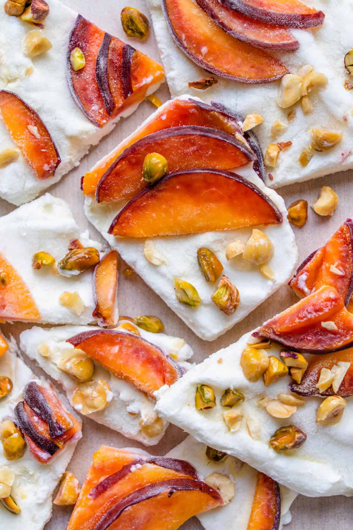 Frozen yogurt bark with peach and nuts