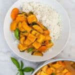 Thai yellow curry vegan served in a bowl with rice