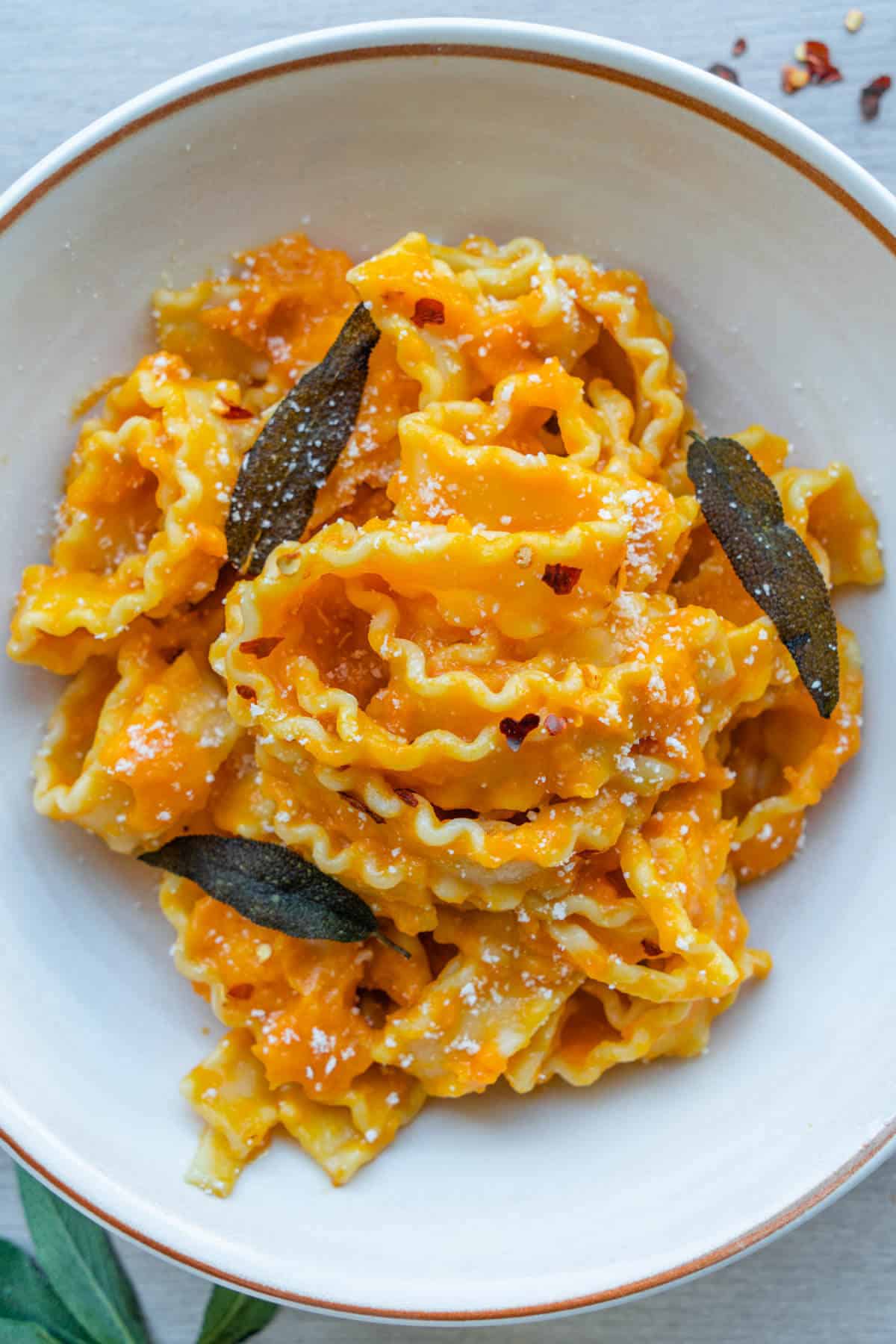 Pumpkin pasta sauce with sage, chilli and parmesan