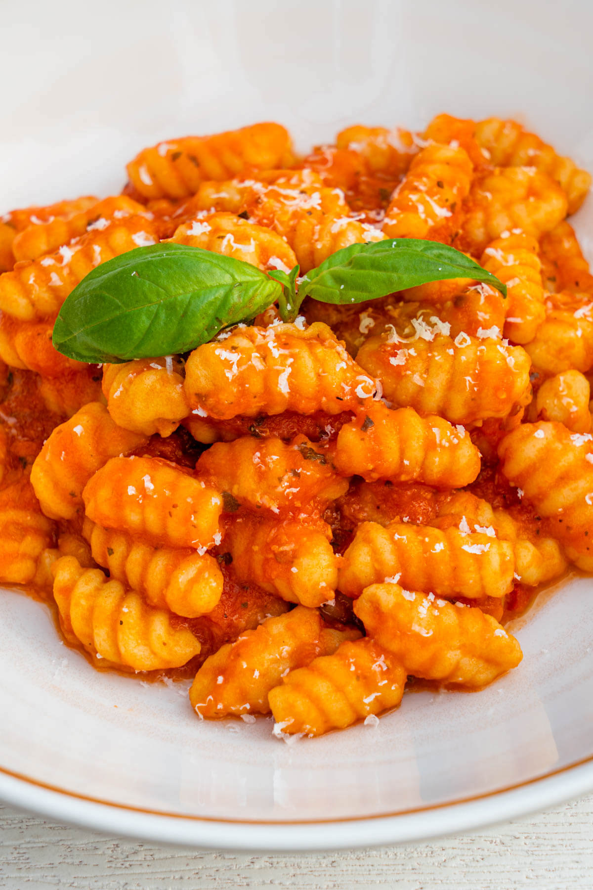 Close up of cooked malloreddus gnocchetti pasta with a tomato sauce