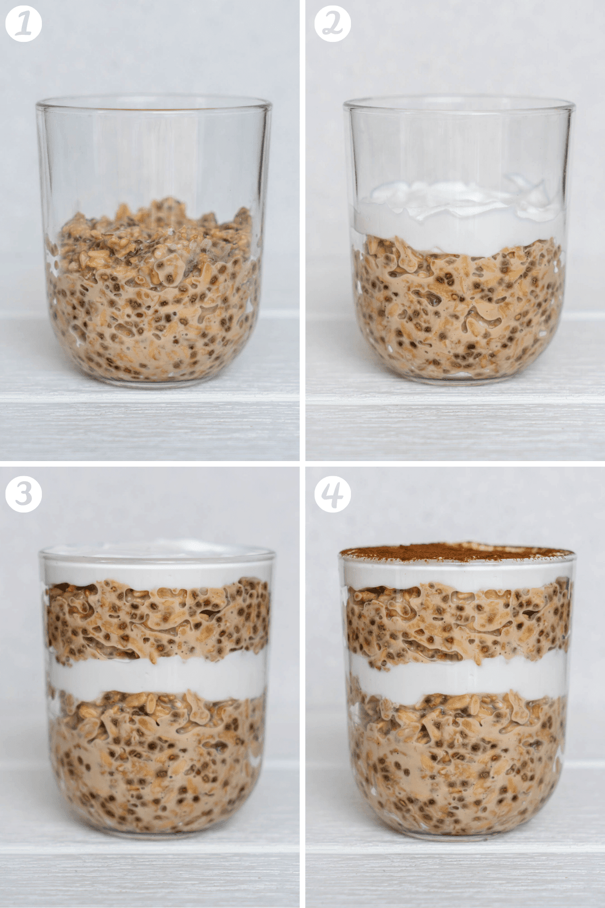Steps on how to layer Tiramisu Overnight Oats in a glass