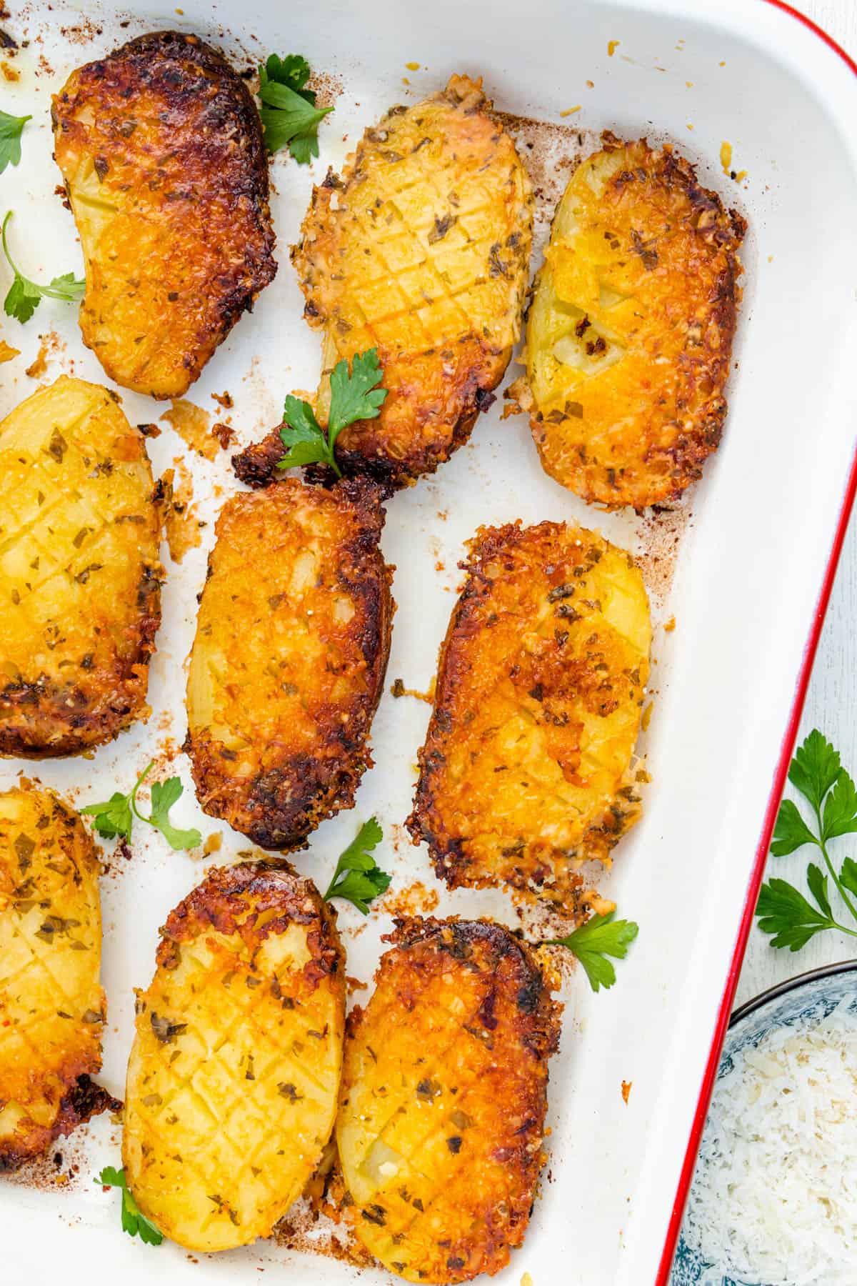 Tray of parmesan crusted potatoes ready to be served