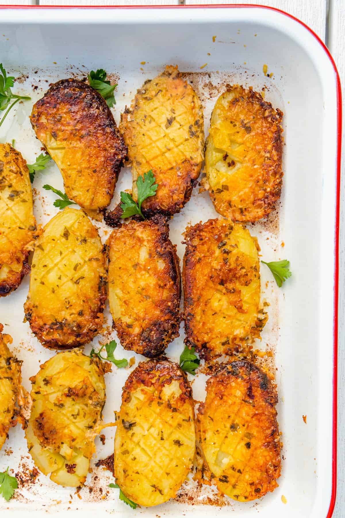 Half shot of tray of parmesan roasted potatoes