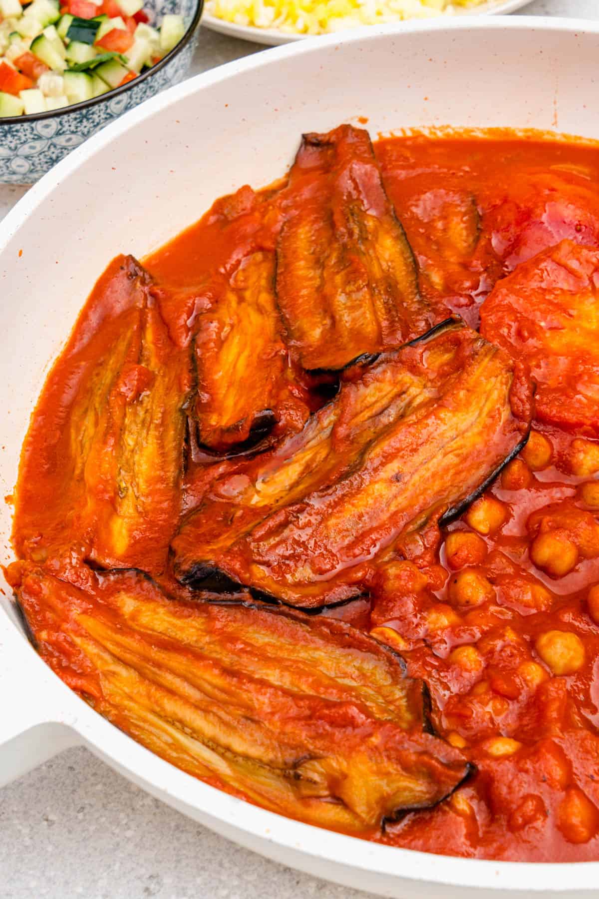 Khoresh Bademjan vegan Persian eggplant stew in pan