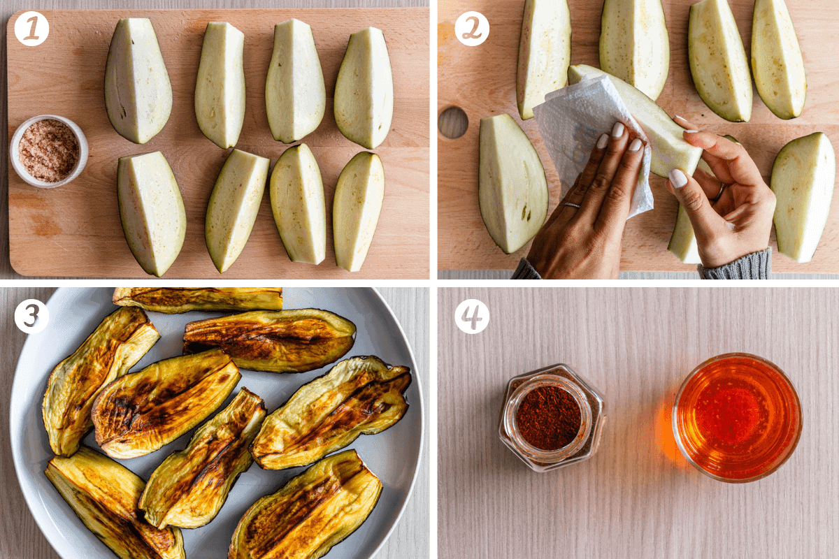 Steps on how to prepare eggplants and saffron to make Khoresh Bademjan (Persian Eggplant Stew)