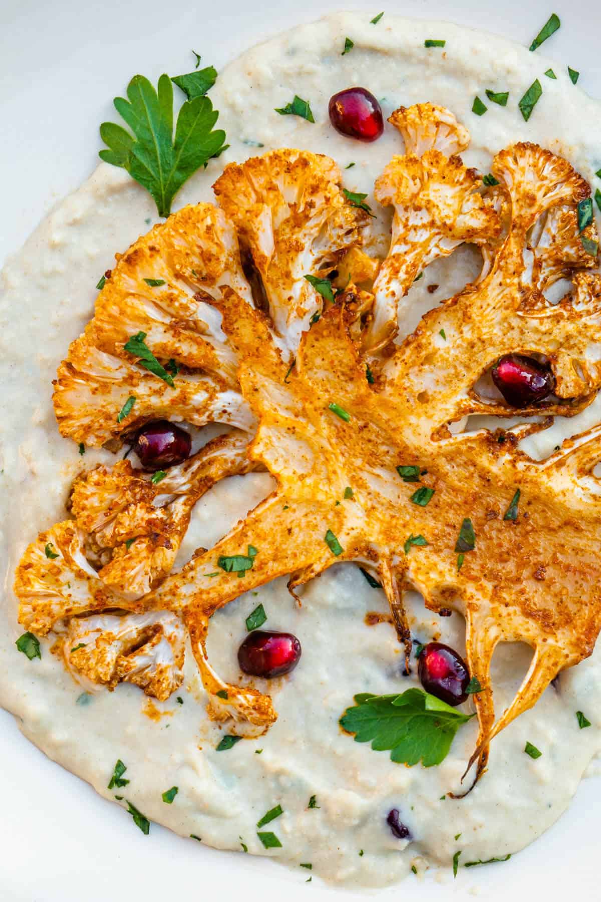 Cauliflower steak served on top of a white bean hummus with pomegranate and parsley