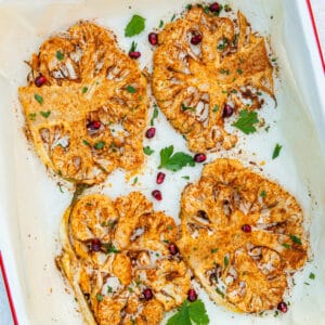 Roasted Cauliflower Steaks in an oven tray