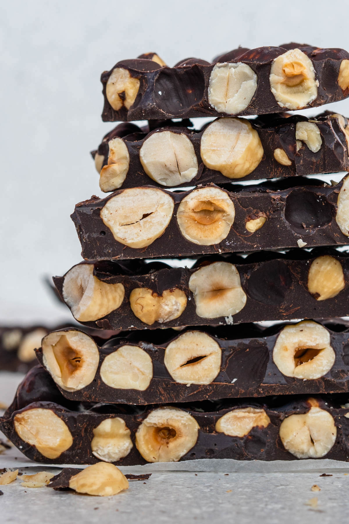 Stack of hazelnut chocolate bark pieces