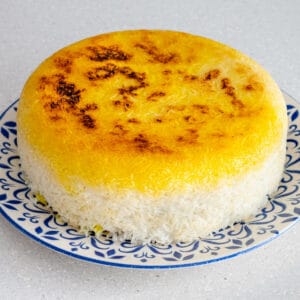 Persian rice with crispy tahdig on a plate