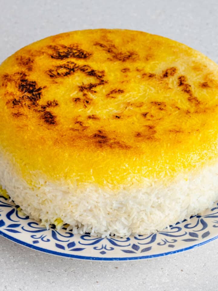 Persian rice with crispy tahdig on a plate