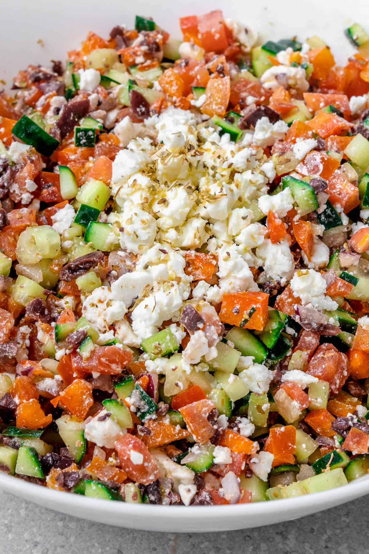 Close up of chopped salad ingredients, greek style