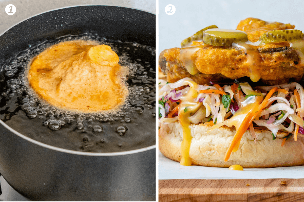 Steps to show cooking and assemble of the vegan fried chicken sandwich