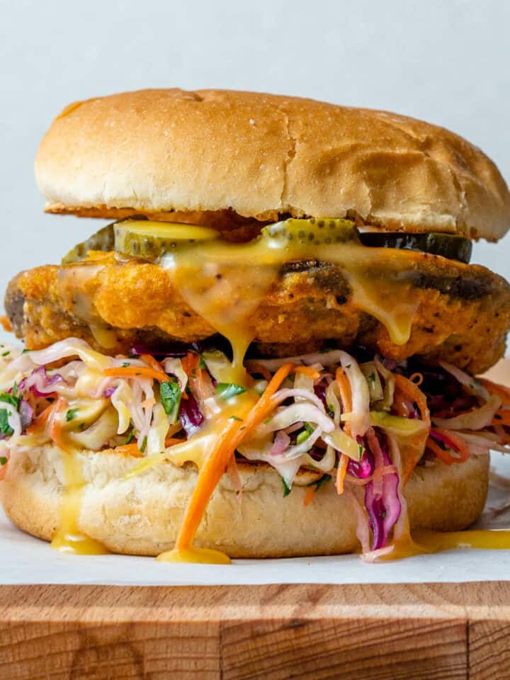 Vegan Chicken Sandwich stacked with a honey mustard dressing