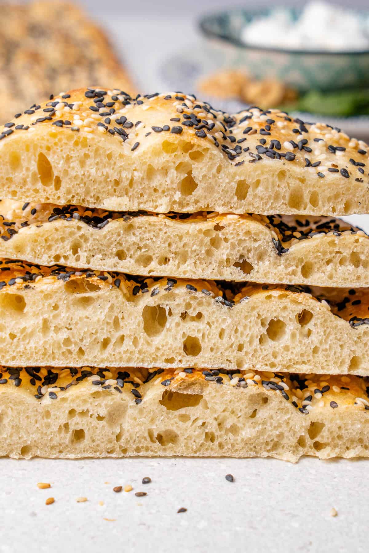 Stack of cut pieces of barbari bread to show the inside