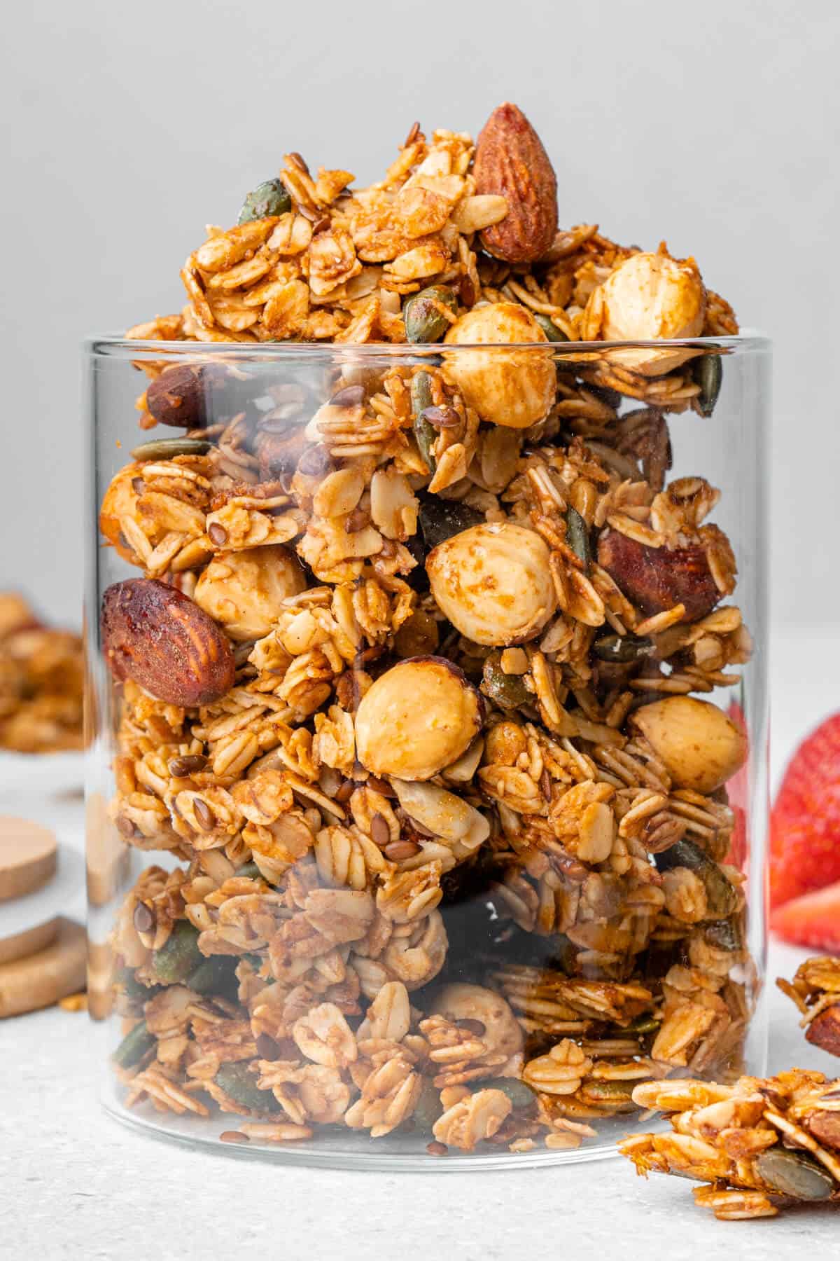 Healthy homemade granola stored in a glass jar