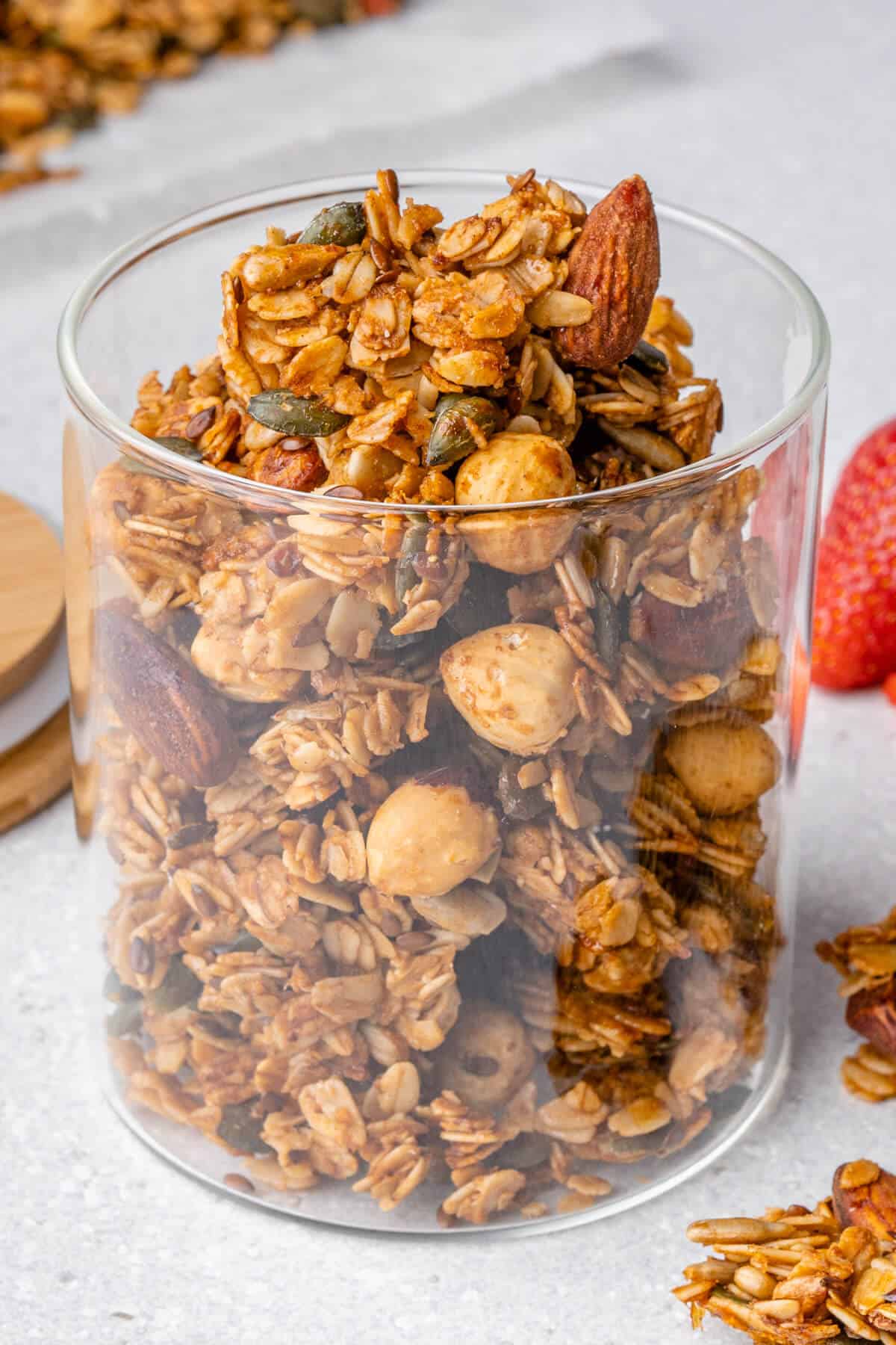 Healthy homemade granola in a glass jar
