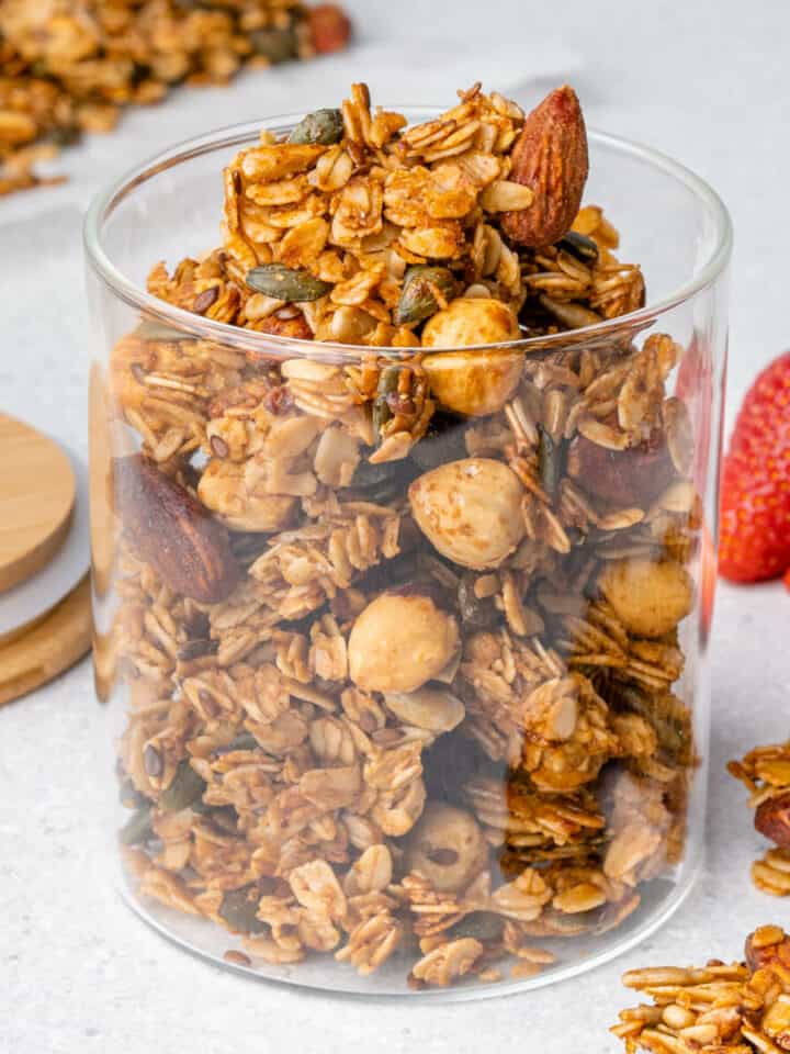 Healthy homemade granola stored in a glass jar