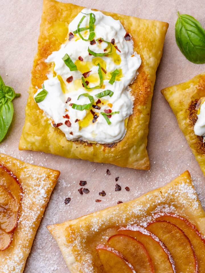 Savory and sweet upside down puff pastries