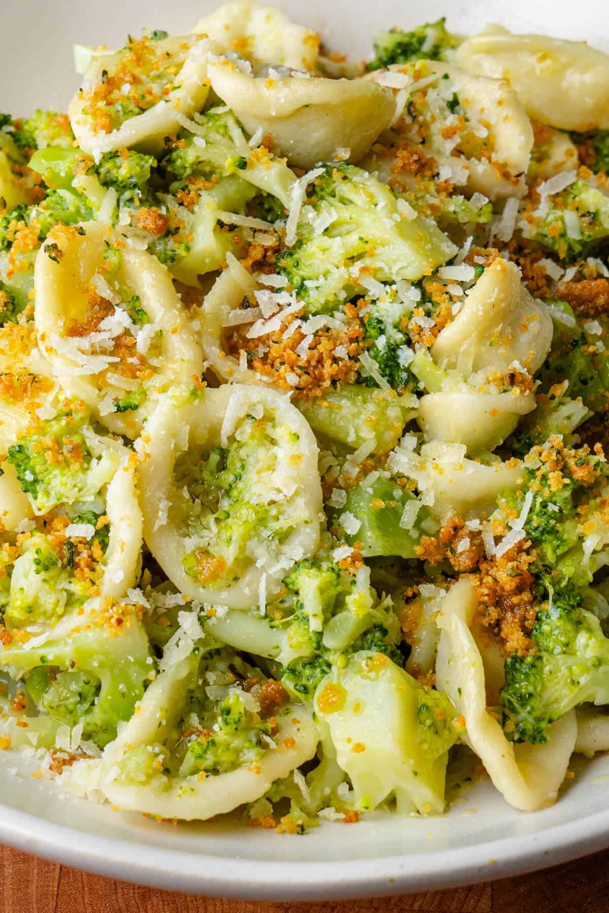 Close up of broccoli pasta with breadcrumbs and parmesan cheese