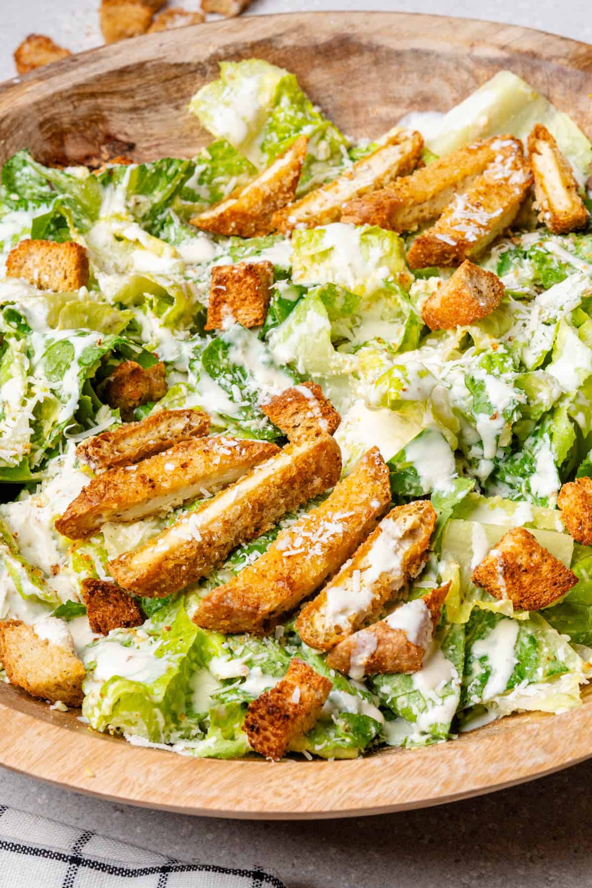Healthy caesar salad without anchovies served in a big bowl