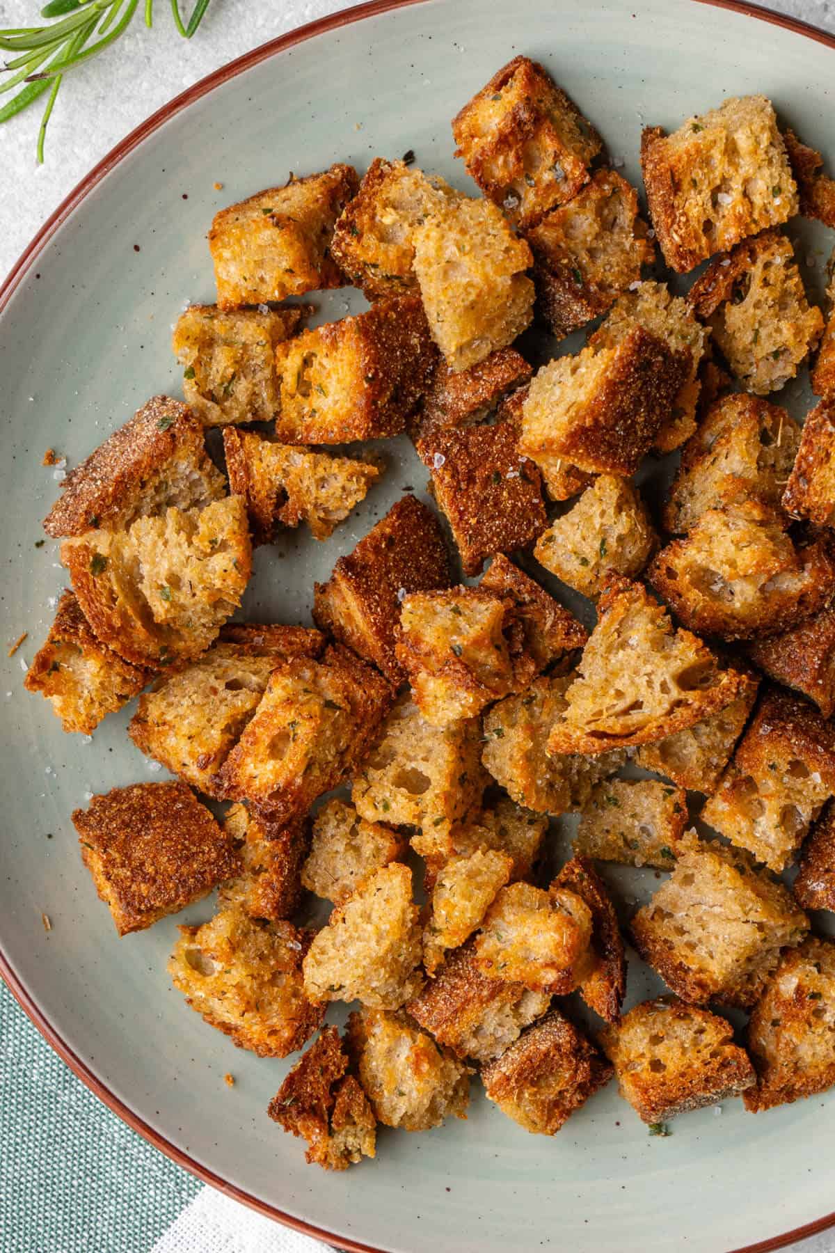 Air fryer croutons on a plate